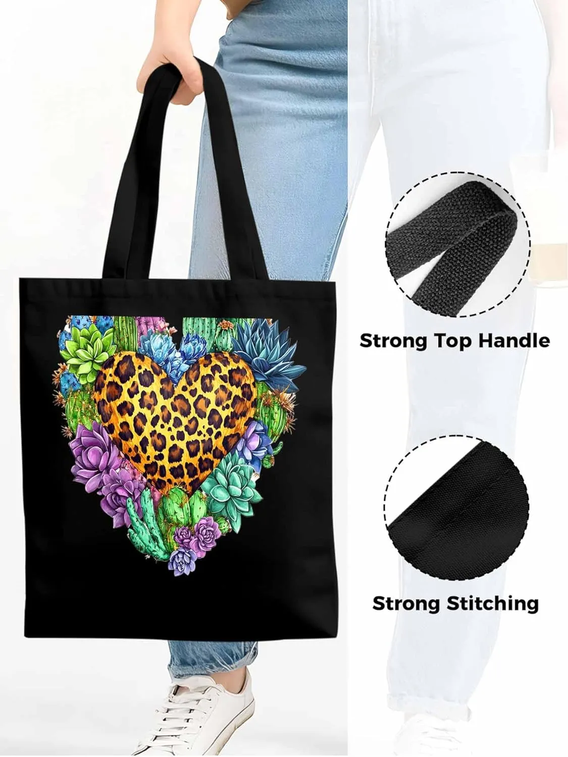 Canvas Tote Bag, Leopard Love Heart Flowers Aesthetic Canvas Tote Handbags for Women Shoulder Bag,