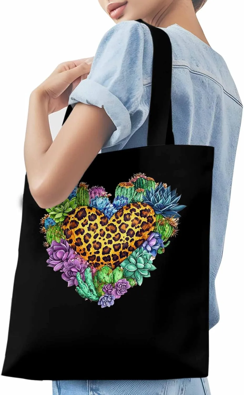 Canvas Tote Bag, Leopard Love Heart Flowers Aesthetic Canvas Tote Handbags for Women Shoulder Bag,