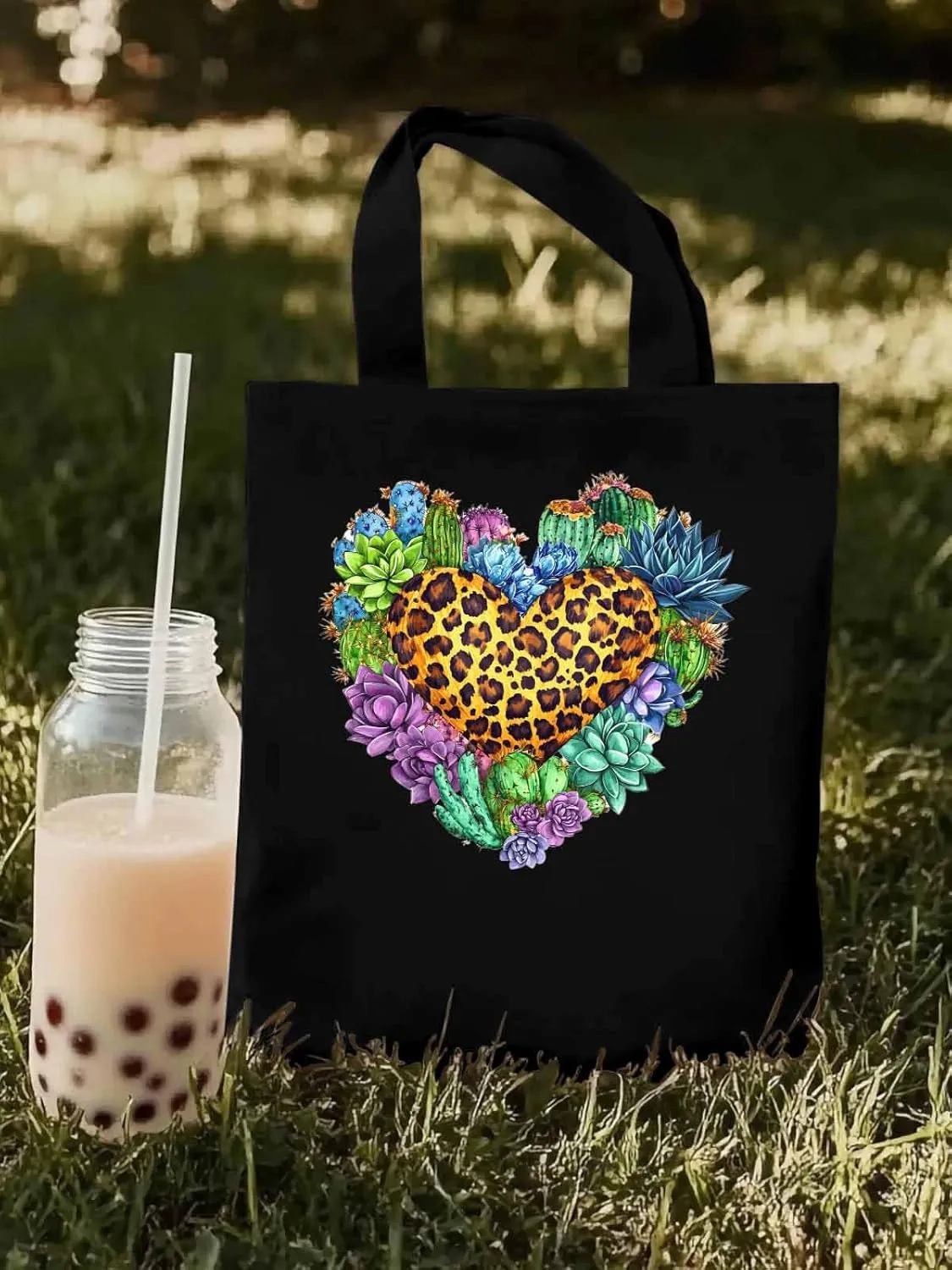 Canvas Tote Bag, Leopard Love Heart Flowers Aesthetic Canvas Tote Handbags for Women Shoulder Bag,