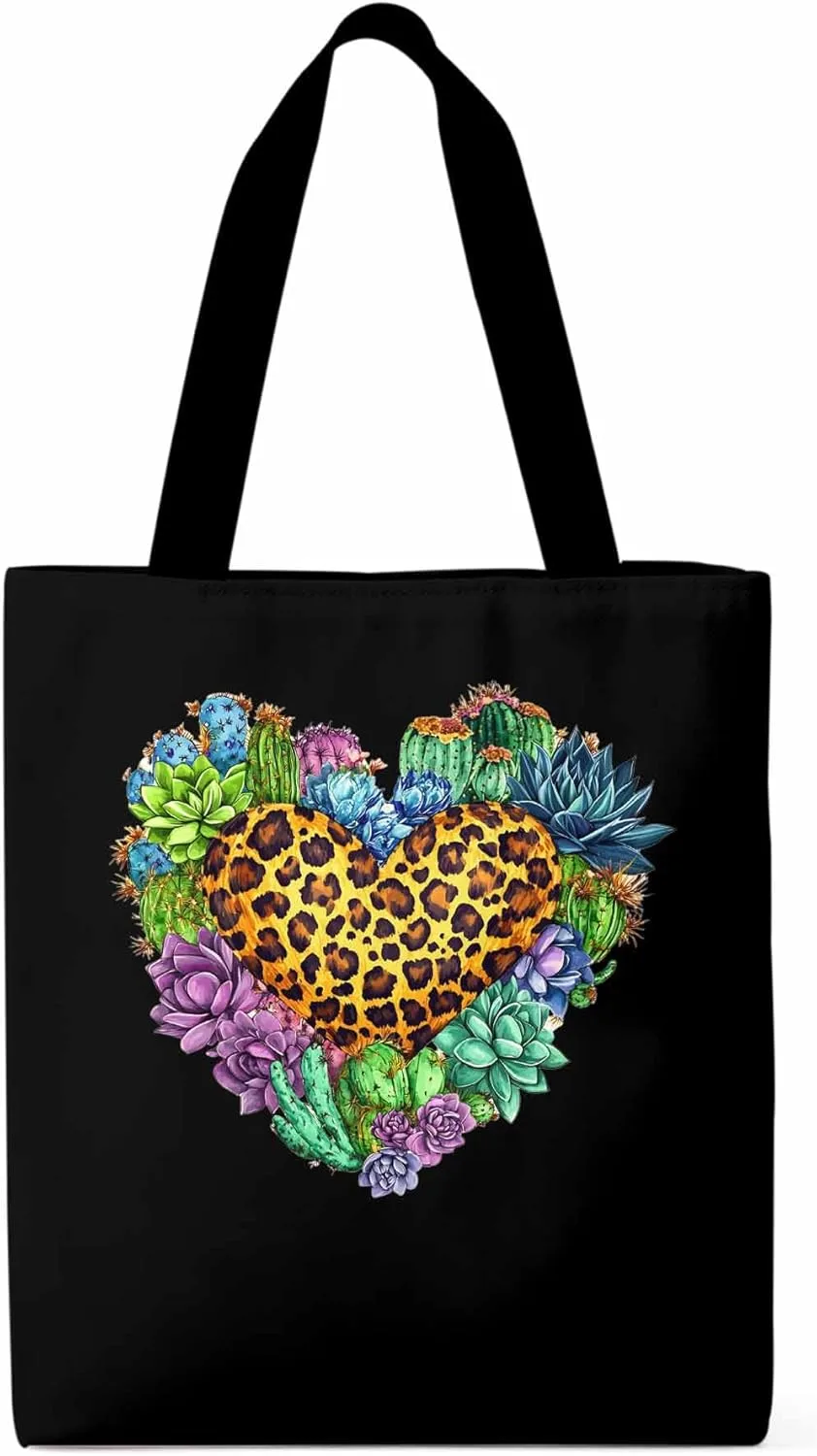 Canvas Tote Bag, Leopard Love Heart Flowers Aesthetic Canvas Tote Handbags for Women Shoulder Bag,