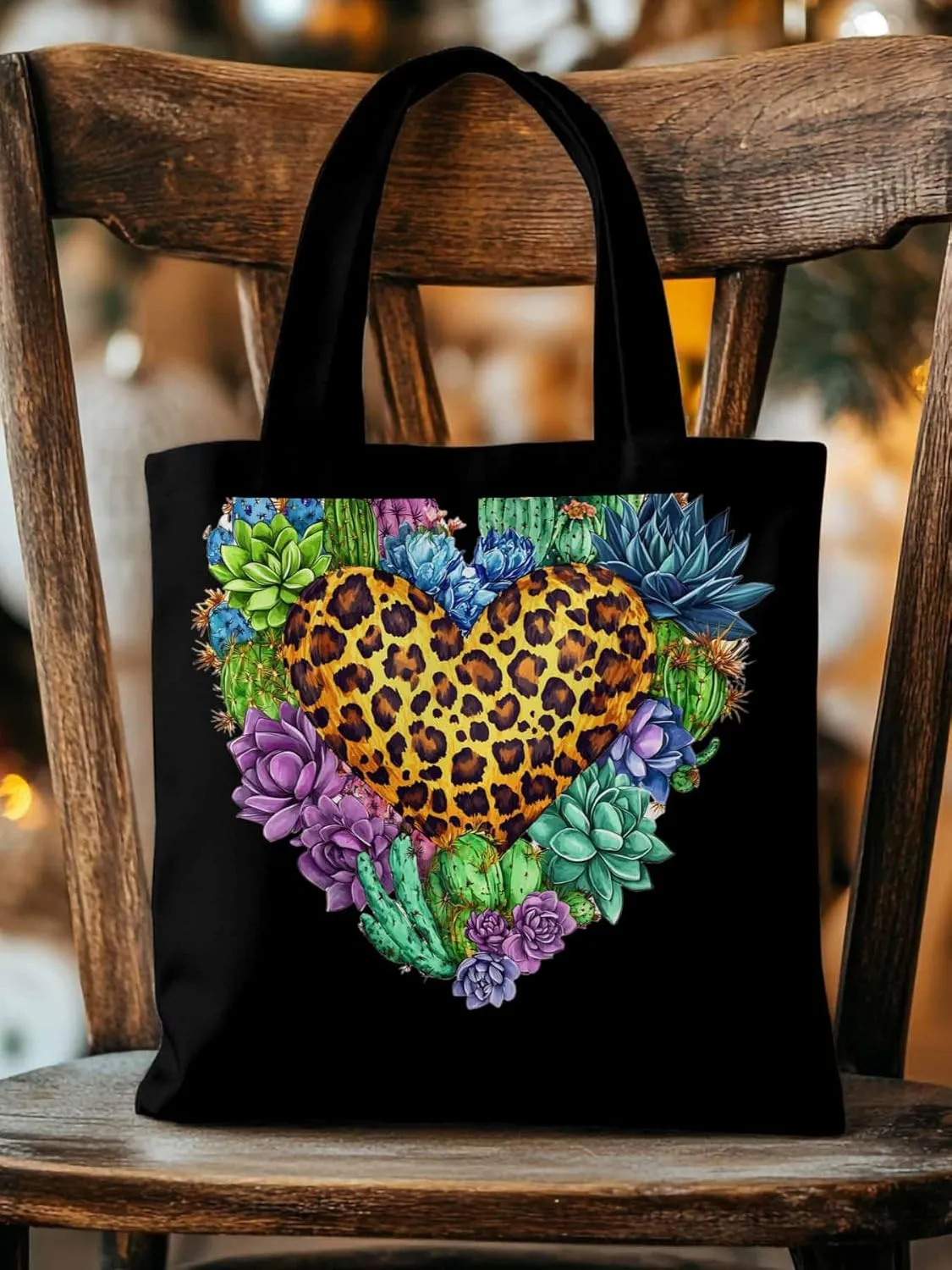 Canvas Tote Bag, Leopard Love Heart Flowers Aesthetic Canvas Tote Handbags for Women Shoulder Bag,