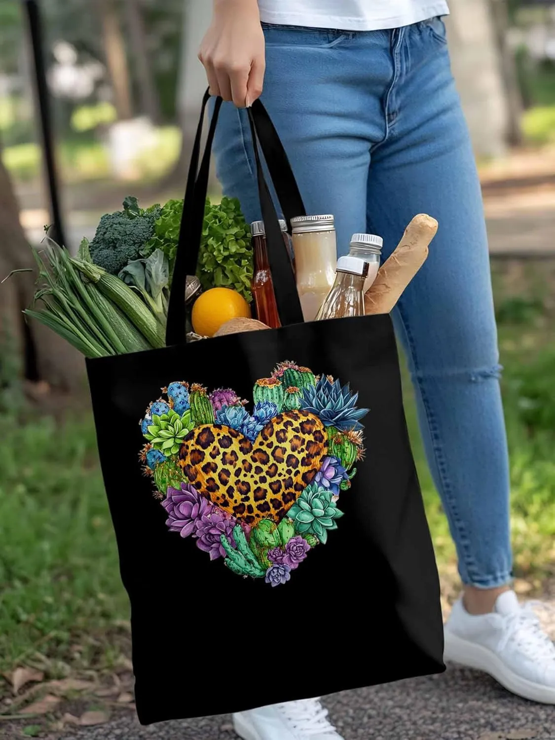 Canvas Tote Bag, Leopard Love Heart Flowers Aesthetic Canvas Tote Handbags for Women Shoulder Bag,