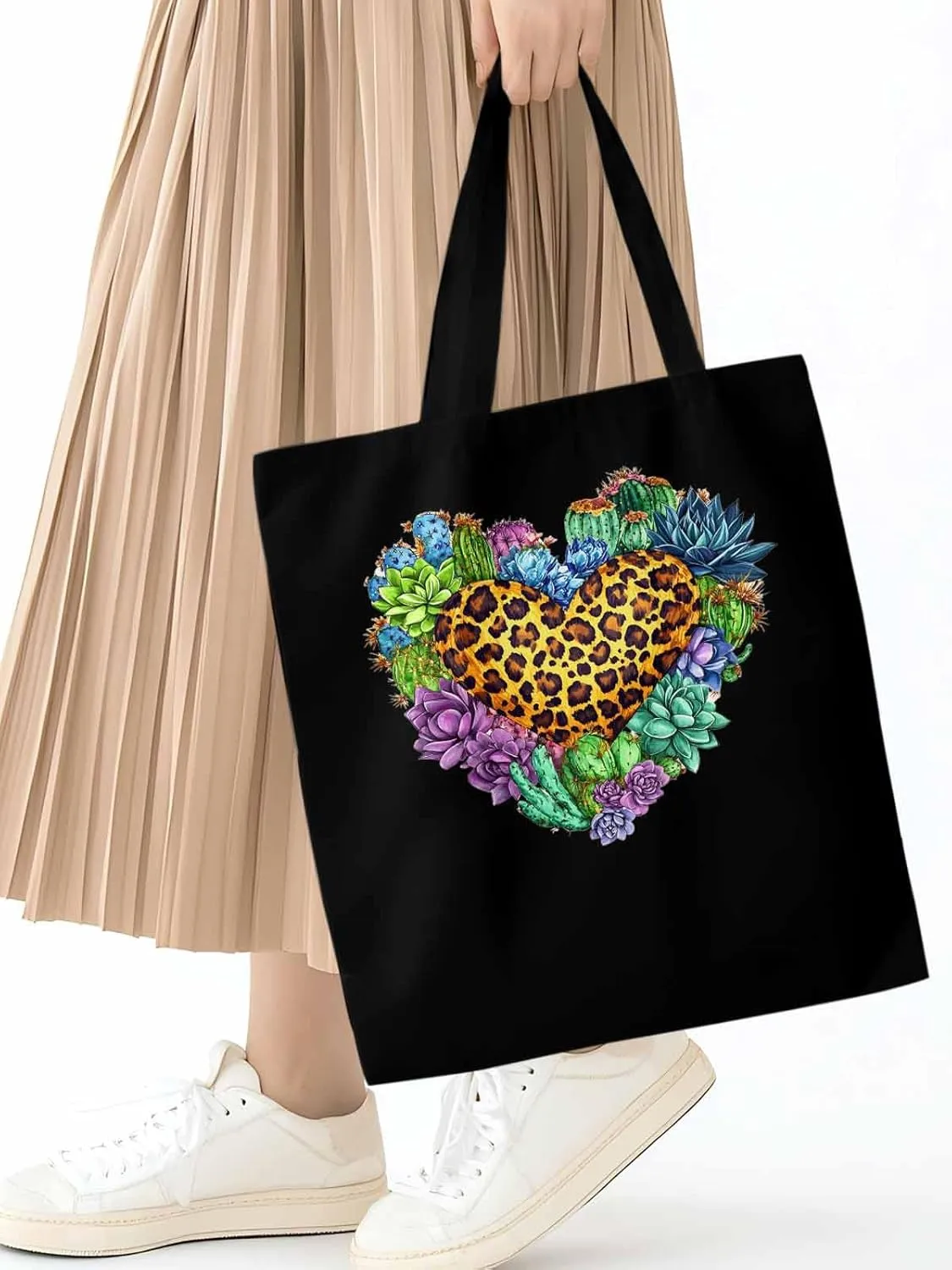 Canvas Tote Bag, Leopard Love Heart Flowers Aesthetic Canvas Tote Handbags for Women Shoulder Bag,