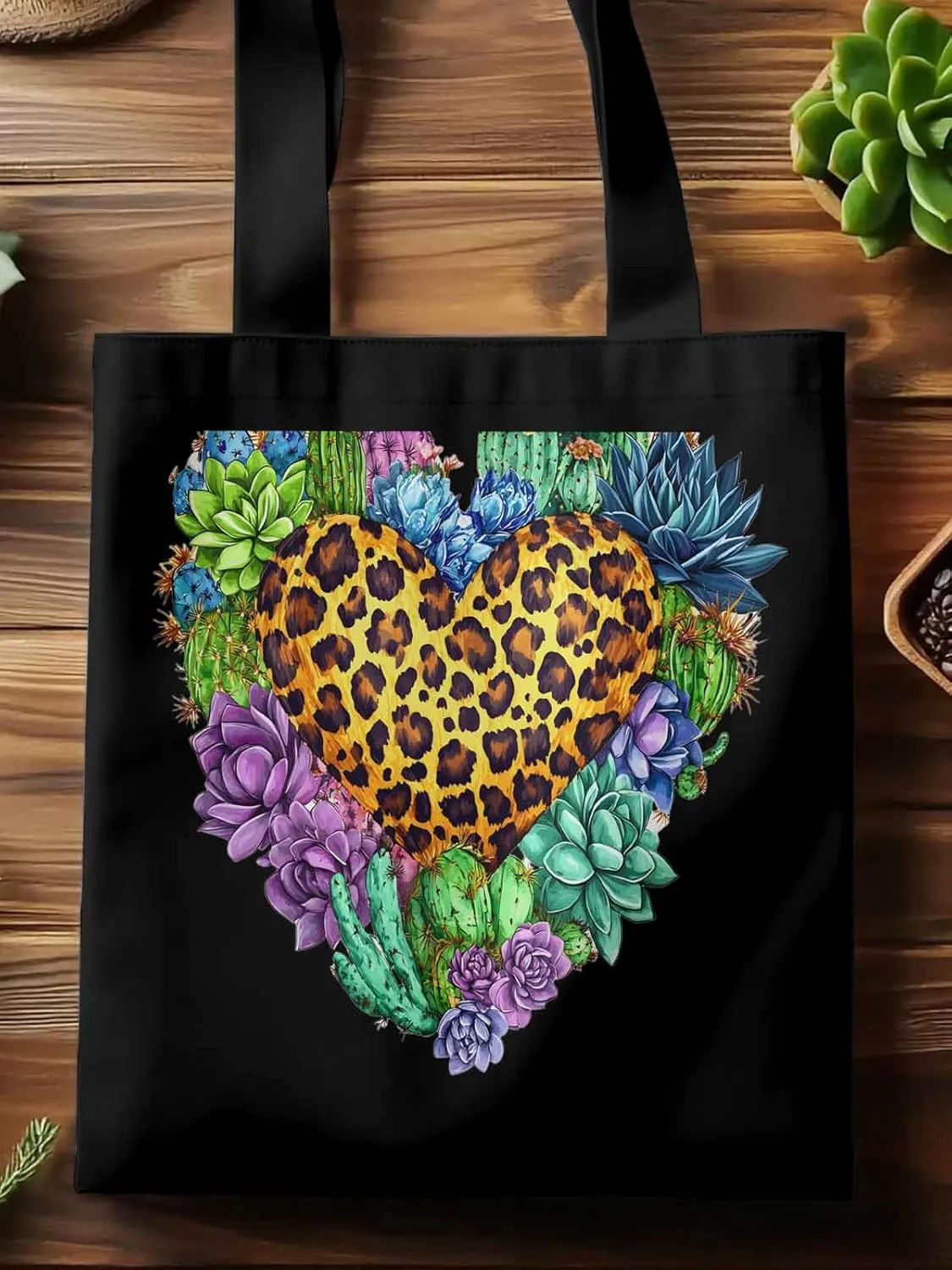 Canvas Tote Bag, Leopard Love Heart Flowers Aesthetic Canvas Tote Handbags for Women Shoulder Bag,