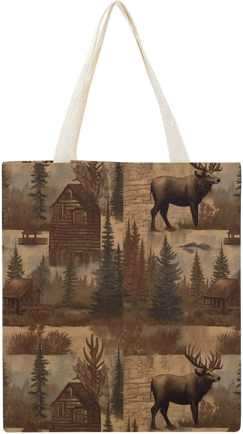 Canvas Tote Bag, Rustic Lodge Bear Moose Print Canvas Shoulder Bag Trendy Tote Bag All-purpose Tote Bag Reusable Market Bag
