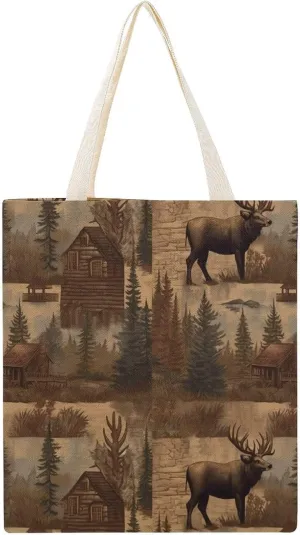 Canvas Tote Bag, Rustic Lodge Bear Moose Print Canvas Shoulder Bag Trendy Tote Bag All-purpose Tote Bag Reusable Market Bag