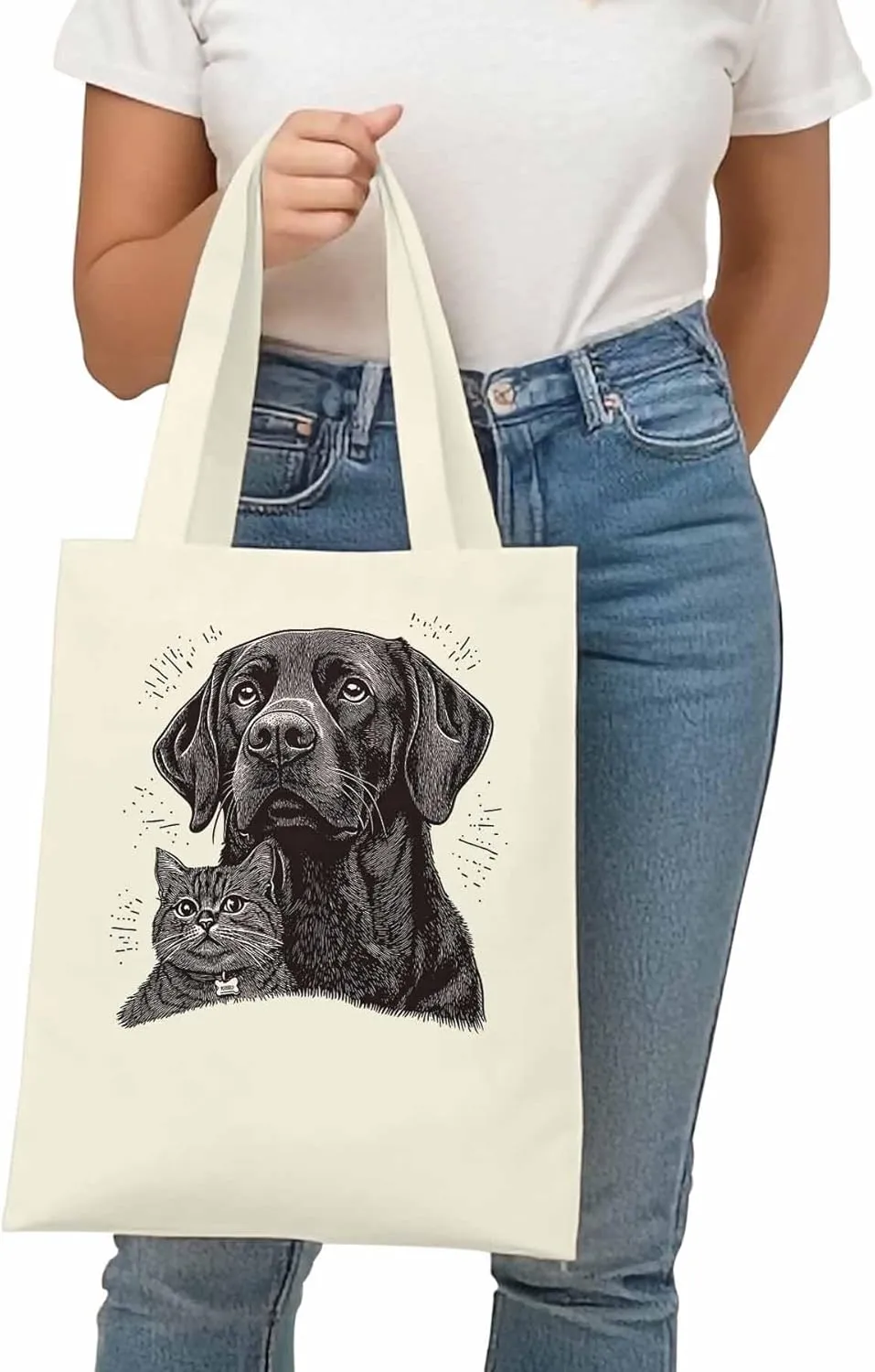 Canvas Tote Bag Vintage Dog Cat Reusable Grocery Shopping Bags with Handle, Cute Animal Large Canvas