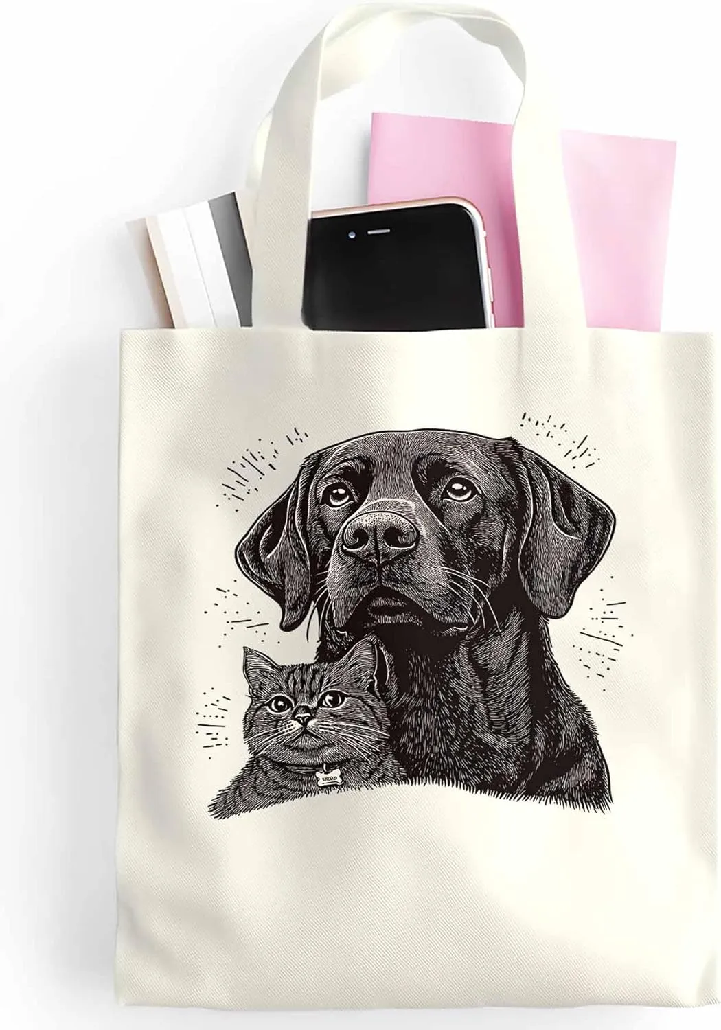Canvas Tote Bag Vintage Dog Cat Reusable Grocery Shopping Bags with Handle, Cute Animal Large Canvas