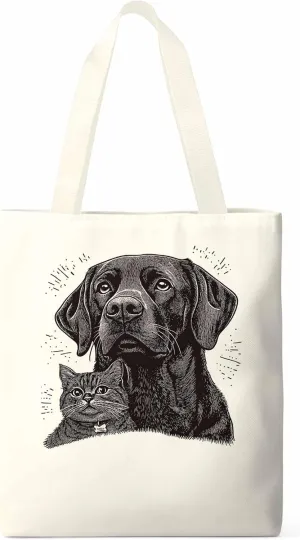 Canvas Tote Bag Vintage Dog Cat Reusable Grocery Shopping Bags with Handle, Cute Animal Large Canvas