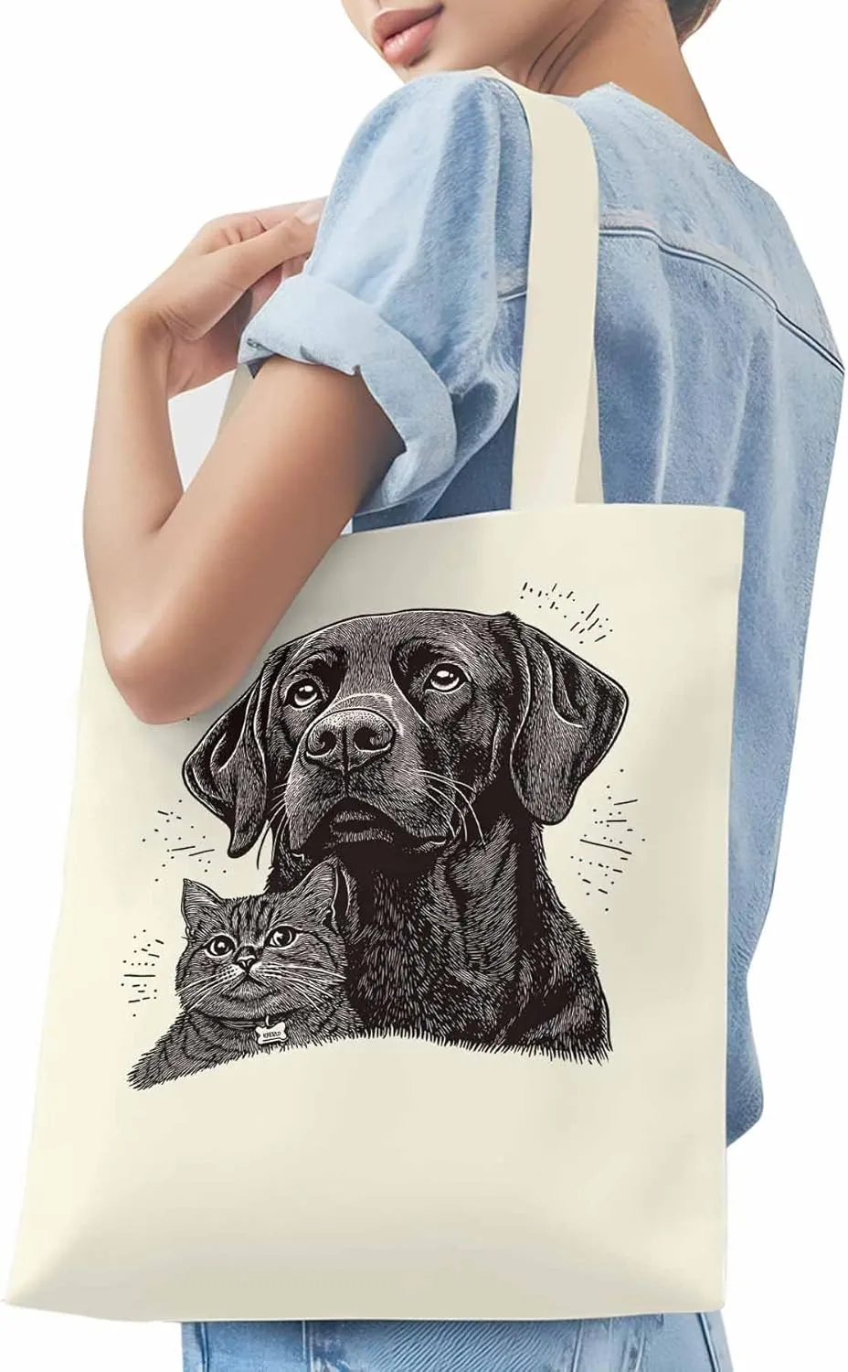 Canvas Tote Bag Vintage Dog Cat Reusable Grocery Shopping Bags with Handle, Cute Animal Large Canvas