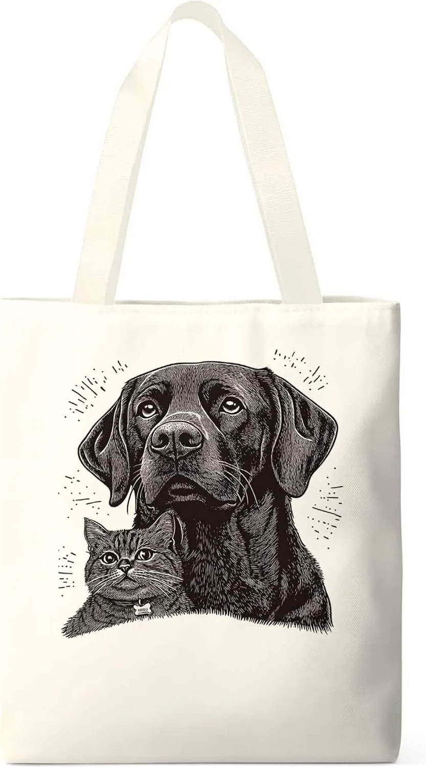 Canvas Tote Bag Vintage Dog Cat Reusable Grocery Shopping Bags with Handle, Cute Animal Large Canvas