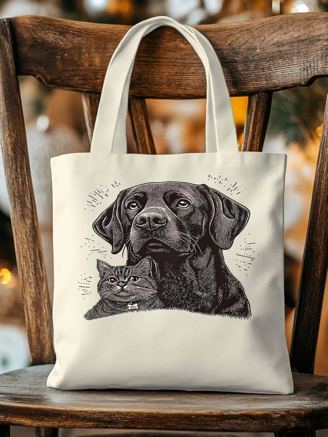 Canvas Tote Bag Vintage Dog Cat Reusable Grocery Shopping Bags with Handle, Cute Animal Large Canvas