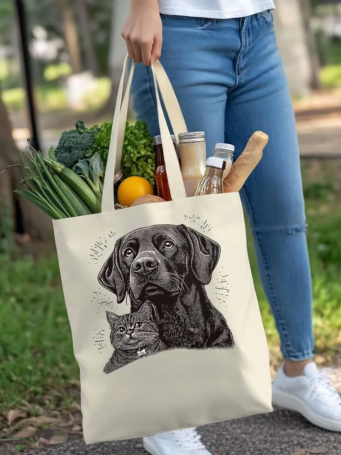 Canvas Tote Bag Vintage Dog Cat Reusable Grocery Shopping Bags with Handle, Cute Animal Large Canvas