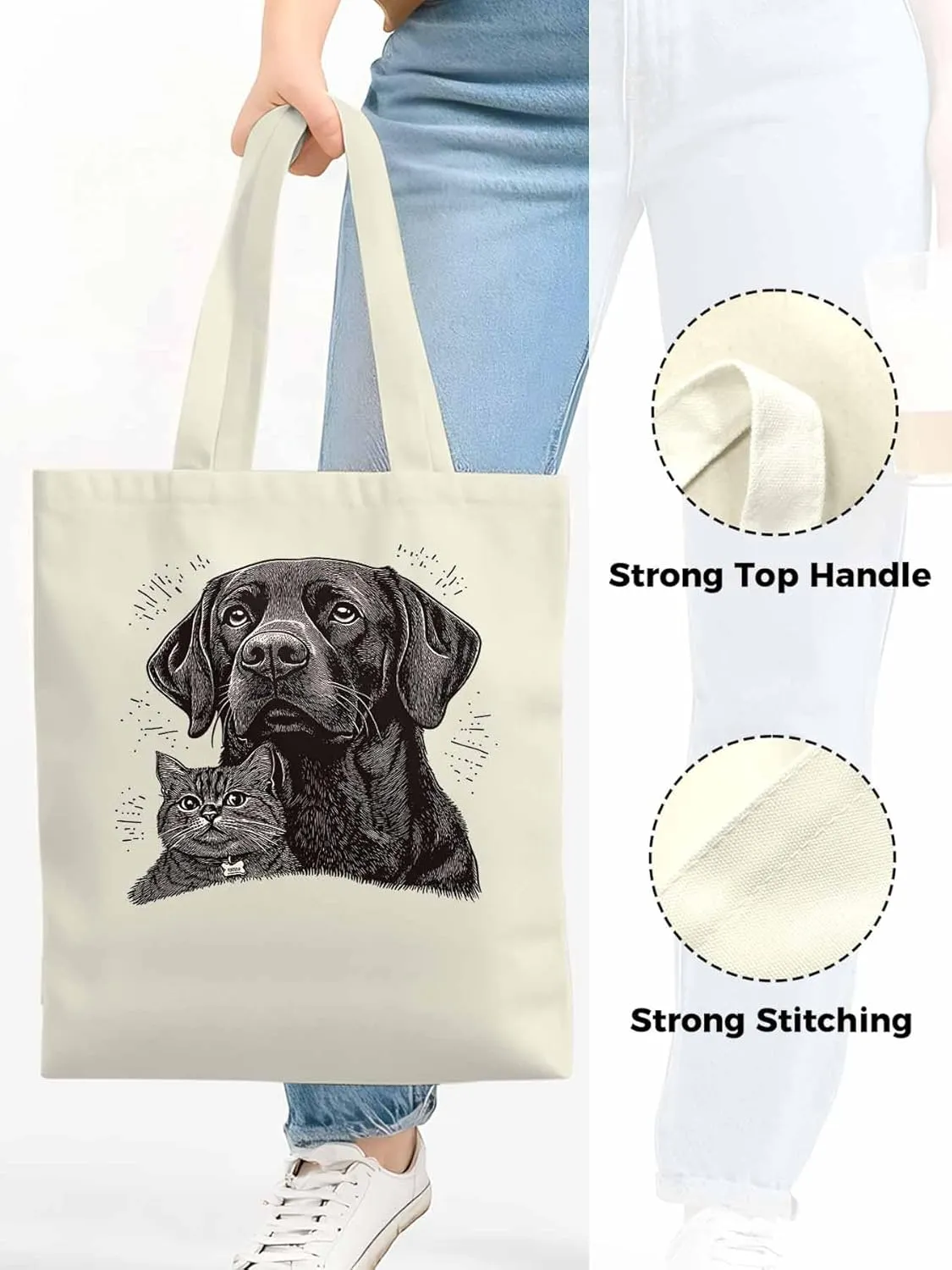 Canvas Tote Bag Vintage Dog Cat Reusable Grocery Shopping Bags with Handle, Cute Animal Large Canvas