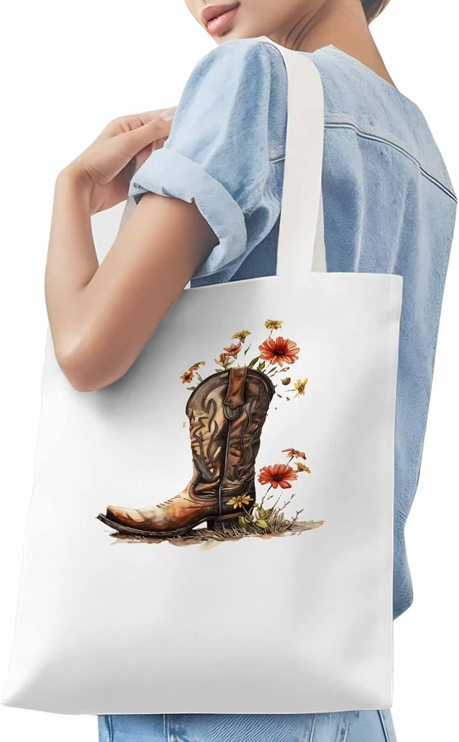 Canvas Tote Bag, Western Aesthetic Canvas Tote Handbags for Women Shoulder Bag Watercolor Floral