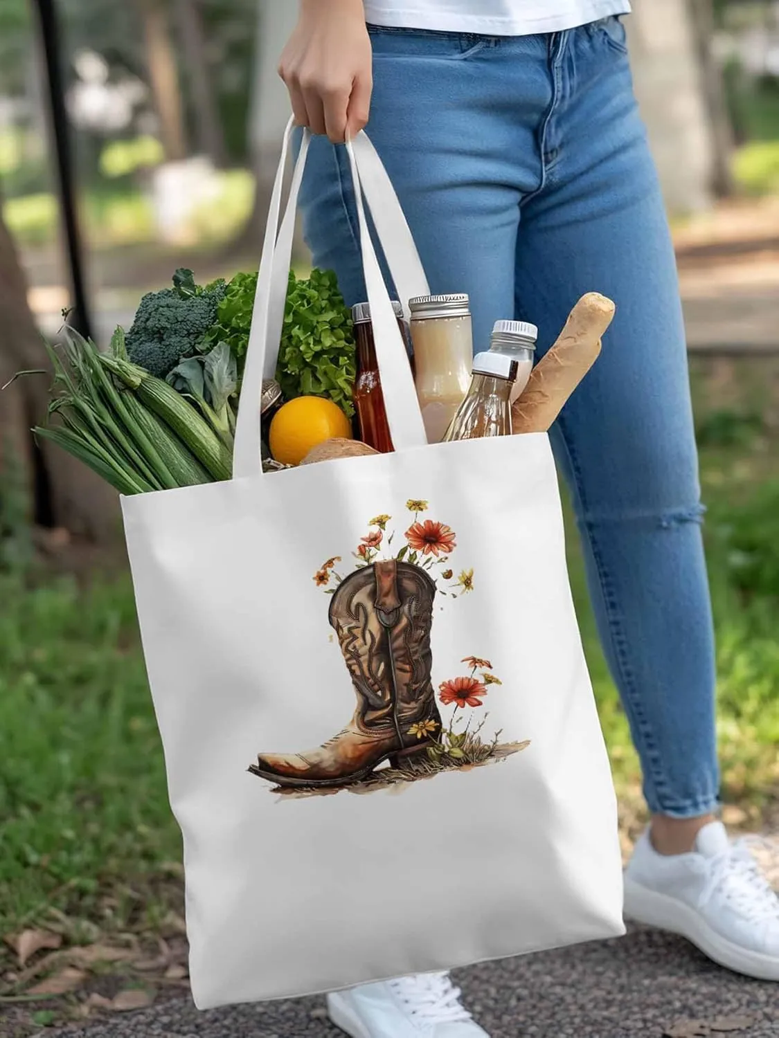 Canvas Tote Bag, Western Aesthetic Canvas Tote Handbags for Women Shoulder Bag Watercolor Floral