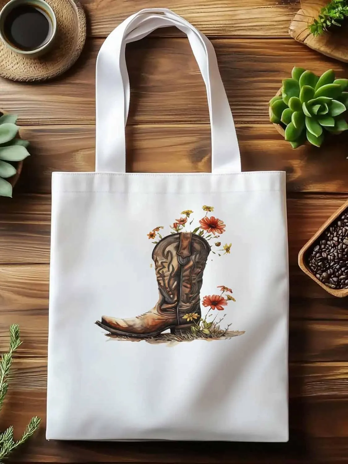 Canvas Tote Bag, Western Aesthetic Canvas Tote Handbags for Women Shoulder Bag Watercolor Floral