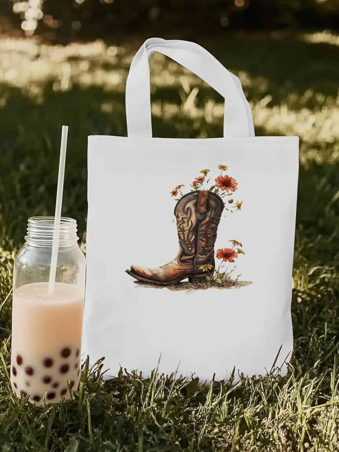 Canvas Tote Bag, Western Aesthetic Canvas Tote Handbags for Women Shoulder Bag Watercolor Floral