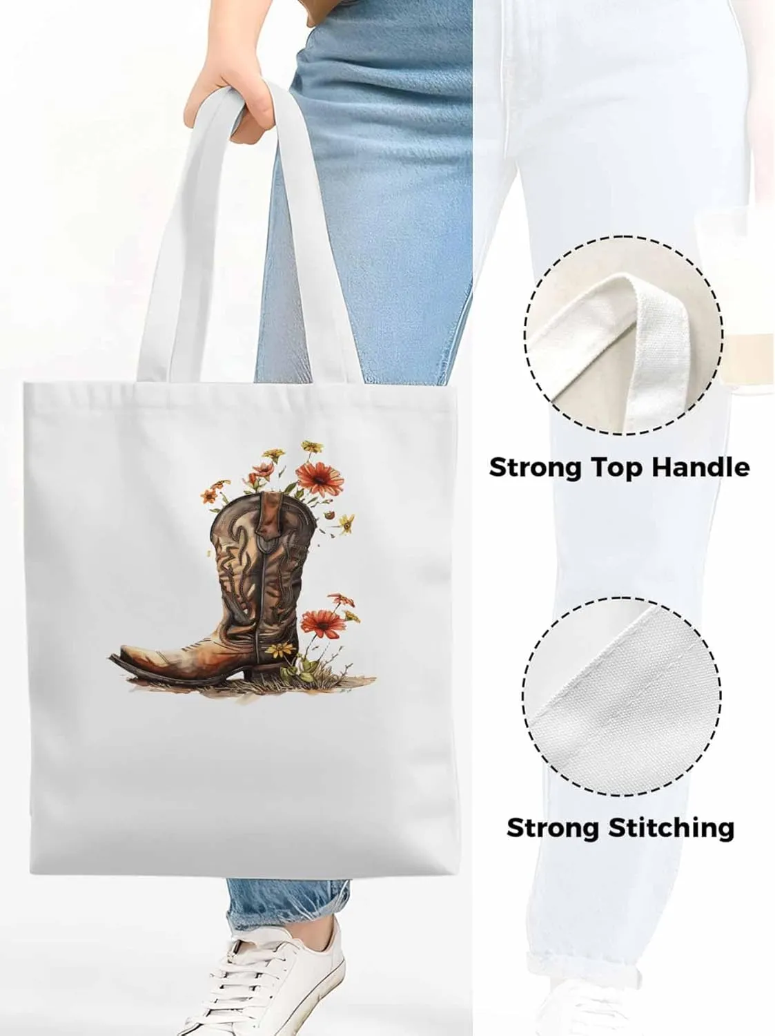 Canvas Tote Bag, Western Aesthetic Canvas Tote Handbags for Women Shoulder Bag Watercolor Floral