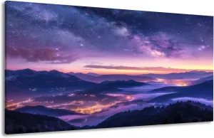 Canvas Wall Art Prints Milky Way mountains fog summer Landscape alpine mountain valley purple Large Framed Wall Art Painting Artwork Poster Hanging Home Decor for Living Room Office Bathroom 20"x40"