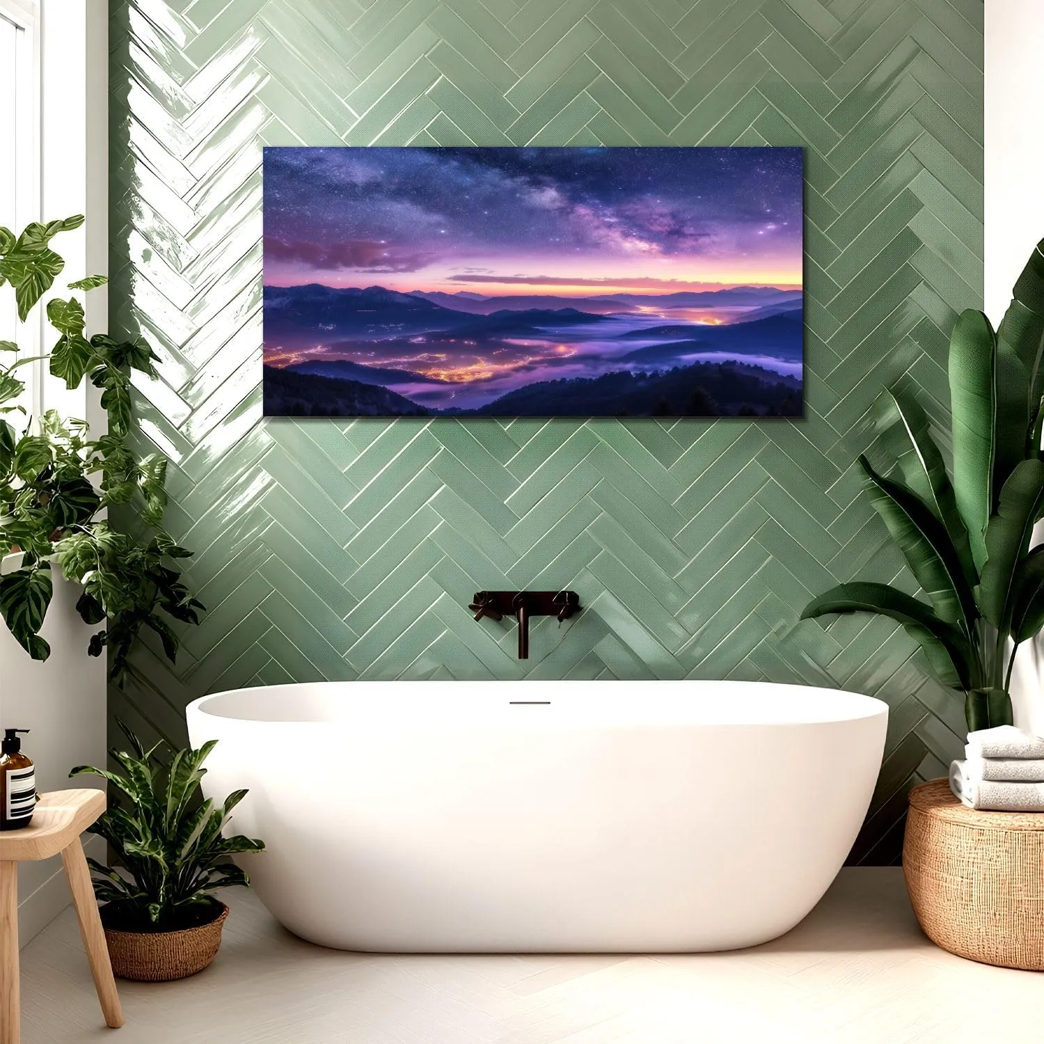 Canvas Wall Art Prints Milky Way mountains fog summer Landscape alpine mountain valley purple Large Framed Wall Art Painting Artwork Poster Hanging Home Decor for Living Room Office Bathroom 20"x40"