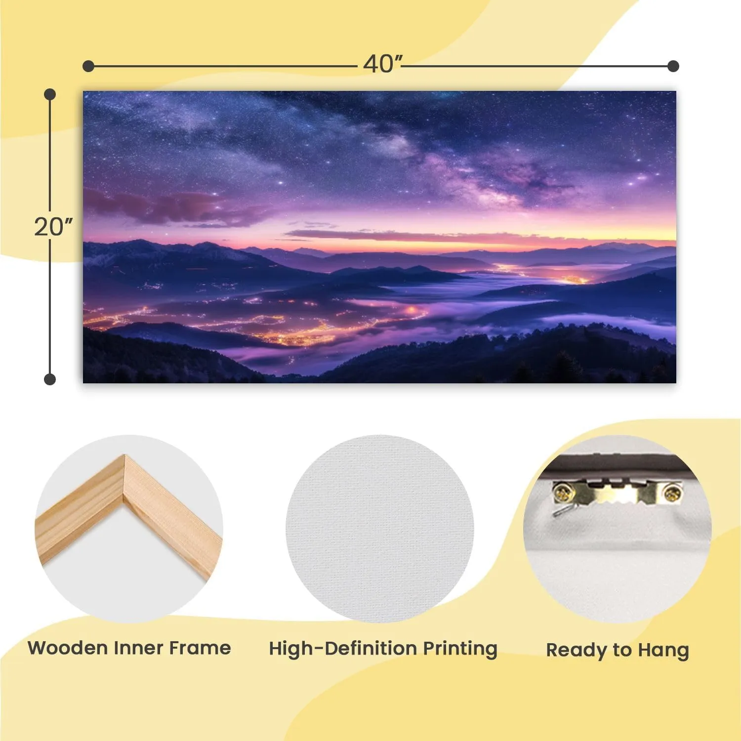 Canvas Wall Art Prints Milky Way mountains fog summer Landscape alpine mountain valley purple Large Framed Wall Art Painting Artwork Poster Hanging Home Decor for Living Room Office Bathroom 20"x40"