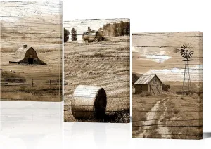 Canvbay Vintage Farmhouse Wall Art Decor Rustic Country Landscape Canvas Prints Old Barn Windmill Cornfield Pictures Painting Countryside Farm Artwork Framed for Living Room Kitchen 16x24inchx3pcs