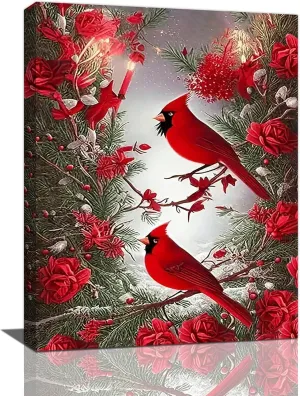 Cardinal Wall Art Winter Red Bird Pictures Wall Decor Rustic Farmhouse Canvas Painting Modern Artwork Home Decoration for Living Room Bathroom Bedroom Office Framed 12"x16"