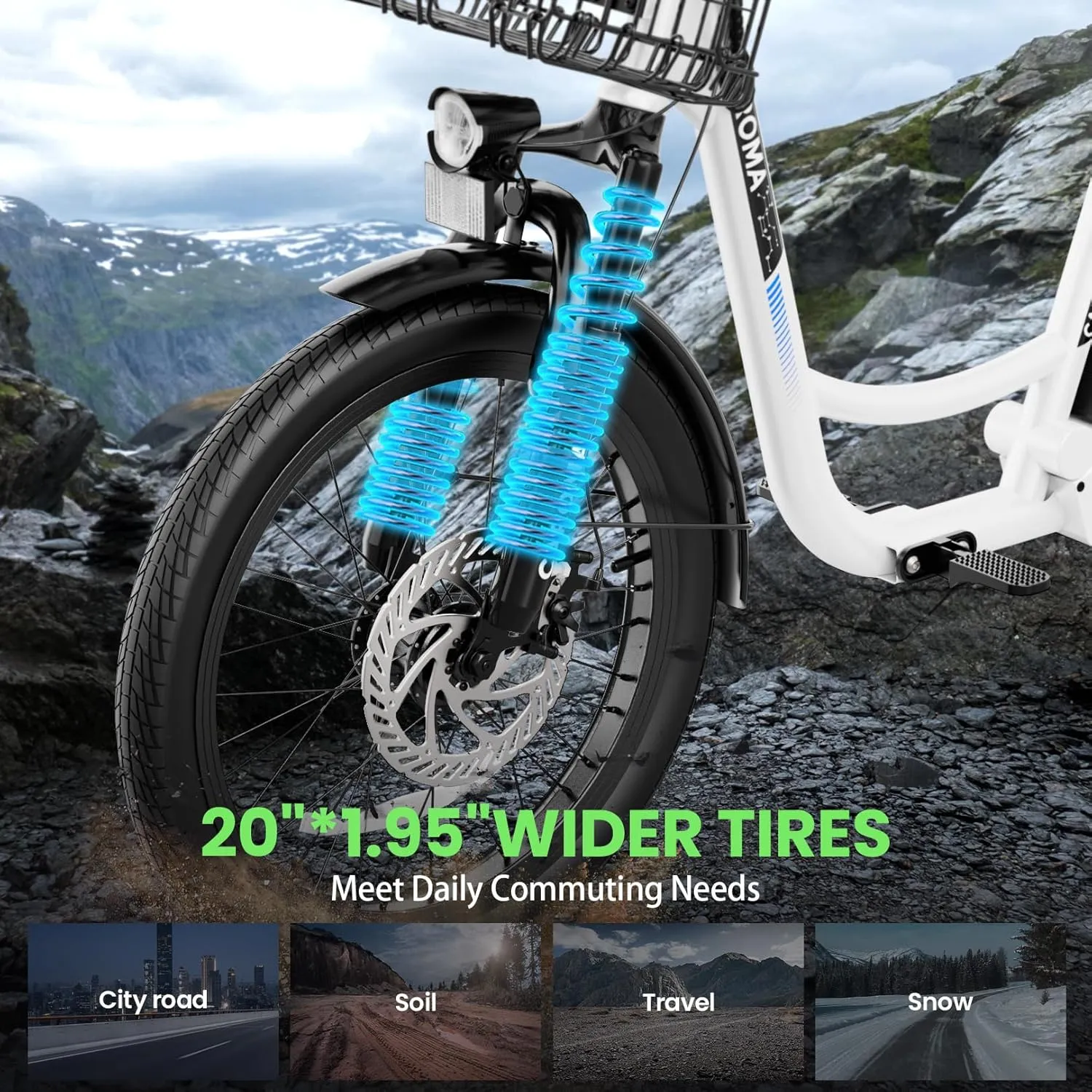 Caroma Peak 1200W Electric Scooter with Seat, 20" X 3" Off-Road Tires, 500Wh Battery, 30Miles Range, 20MPH Top Speed, Adjustable Electric Scooter for Adults with Basket, Adults Ebike for Commuting