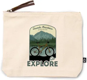 Cascade Mountains, Oregon, Go Explore, Bike, 100% Cotton Zipper Pouch, Travel Accessory, Go Bag