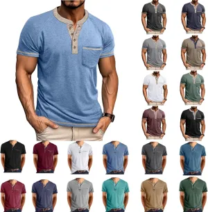 Casual Henley Shirts for Men Classic Button Up Cotton Short Sleeve T-Shirt Summer Basic Solid Lightweight Tees Tops