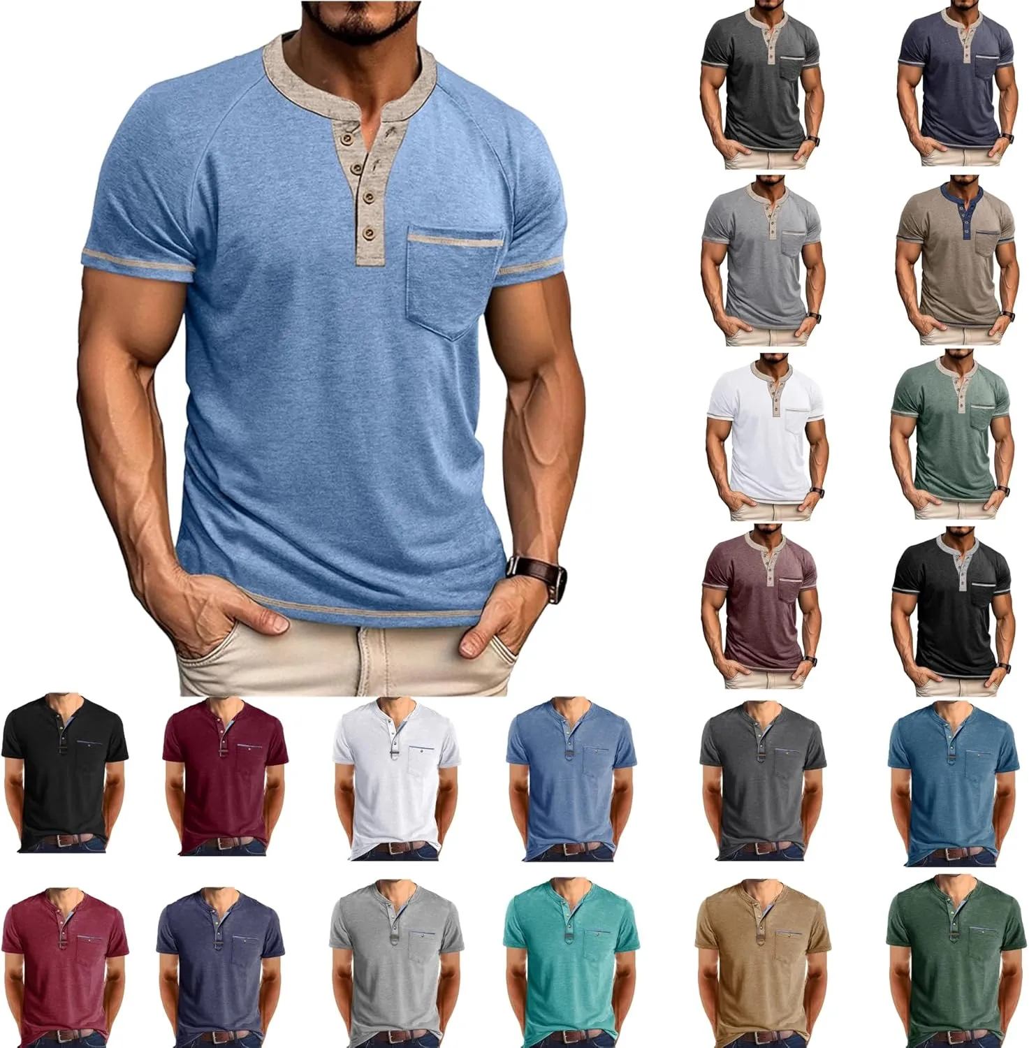 Casual Henley Shirts for Men Classic Button Up Cotton Short Sleeve T-Shirt Summer Basic Solid Lightweight Tees Tops