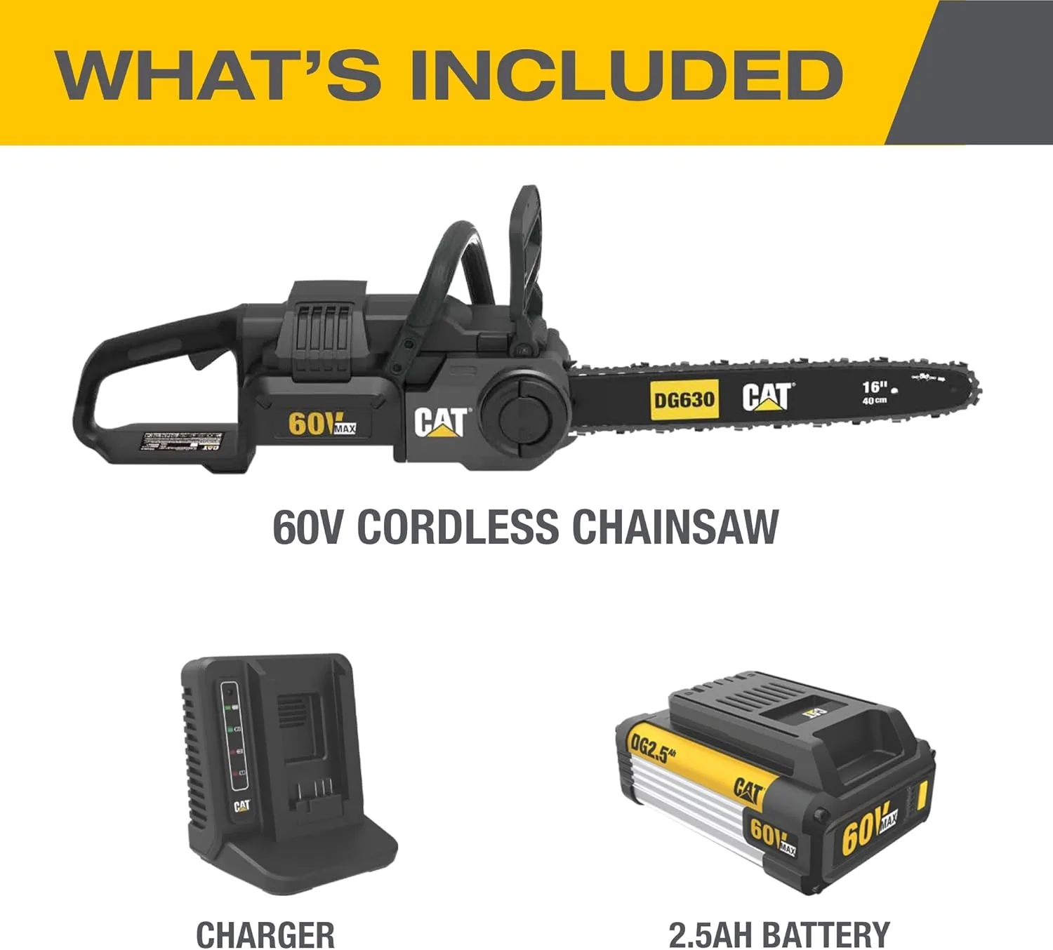Cat DG630 60V Brushless 16” Chainsaw, Battery Chainsaw with Tool-Free Chain Tensioning, Electric Chainsaw Cordless with Chain Brake for Safety – Battery & Charger Included