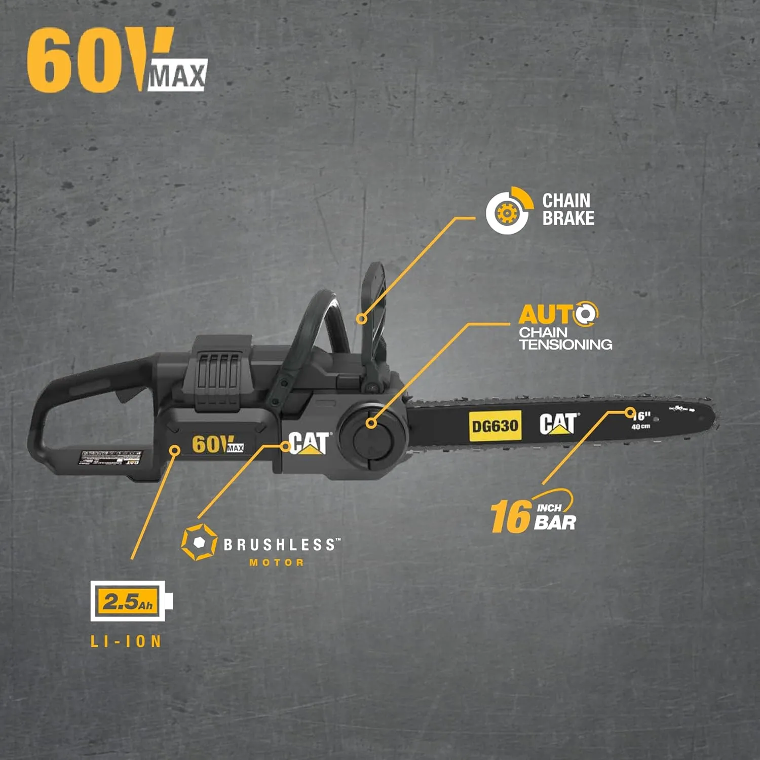Cat DG630 60V Brushless 16” Chainsaw, Battery Chainsaw with Tool-Free Chain Tensioning, Electric Chainsaw Cordless with Chain Brake for Safety – Battery & Charger Included