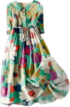 Ceboyel Women 2024 Floral Casual Summer Dresses Boho Cottagecore Dress Linen Long Maxi Dresses Trendy Beach Vacation Clothes