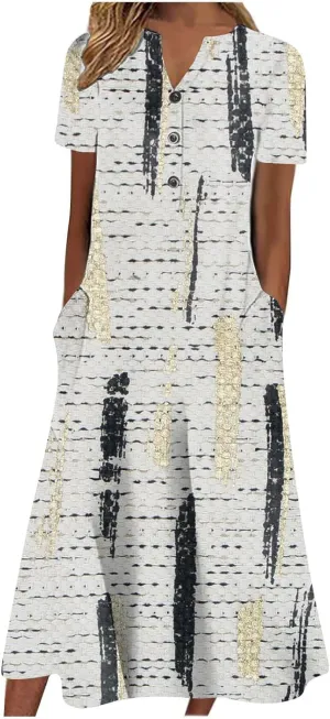Ceboyel Women Marble Print Spring Dress Short Sleeve Casual Maxi Dress V Neck Pocket Long Dress Trendy Beach Vacation Outfits