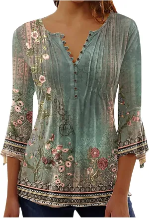 Ceboyel Womens Elbow Sleeve Henley Shirt Button Up Tunic Tops Short Sleeve Dressy Casual Tee T-Shirt Ladies Spring Blouses