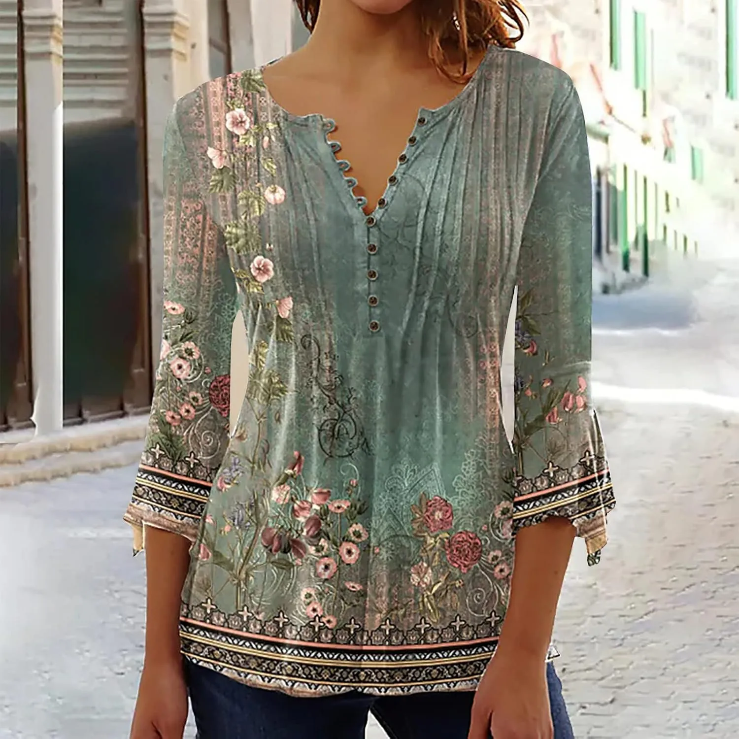 Ceboyel Womens Elbow Sleeve Henley Shirt Button Up Tunic Tops Short Sleeve Dressy Casual Tee T-Shirt Ladies Spring Blouses