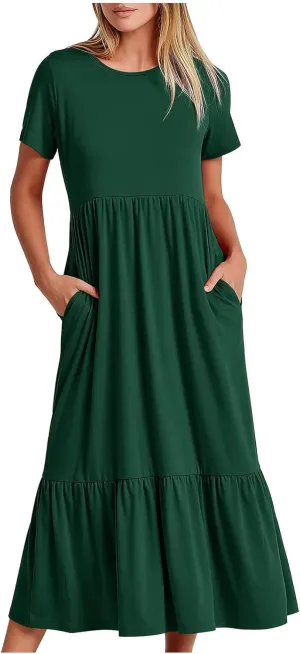 Ceboyel Women's Short Sleeve Ruffle Midi Dress Tiered Trendy Casual Dresses Swing Plain T Shirt Dress Spring Outfits 2023