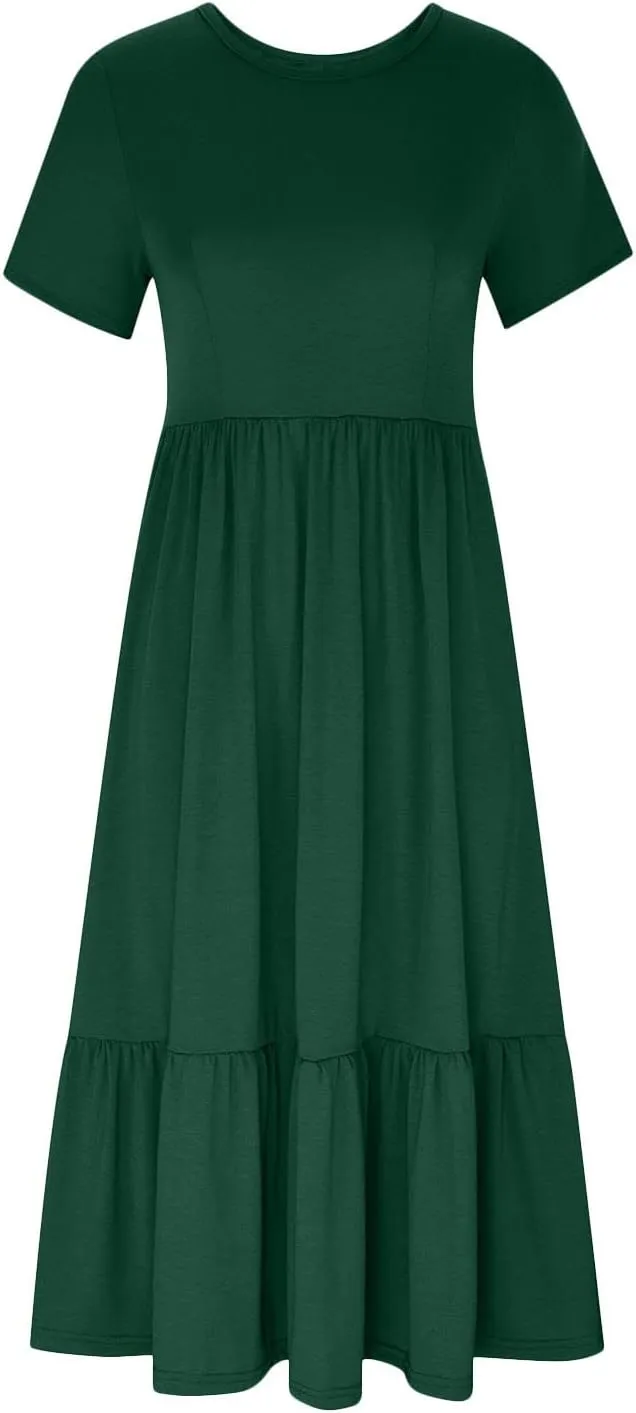 Ceboyel Women's Short Sleeve Ruffle Midi Dress Tiered Trendy Casual Dresses Swing Plain T Shirt Dress Spring Outfits 2023
