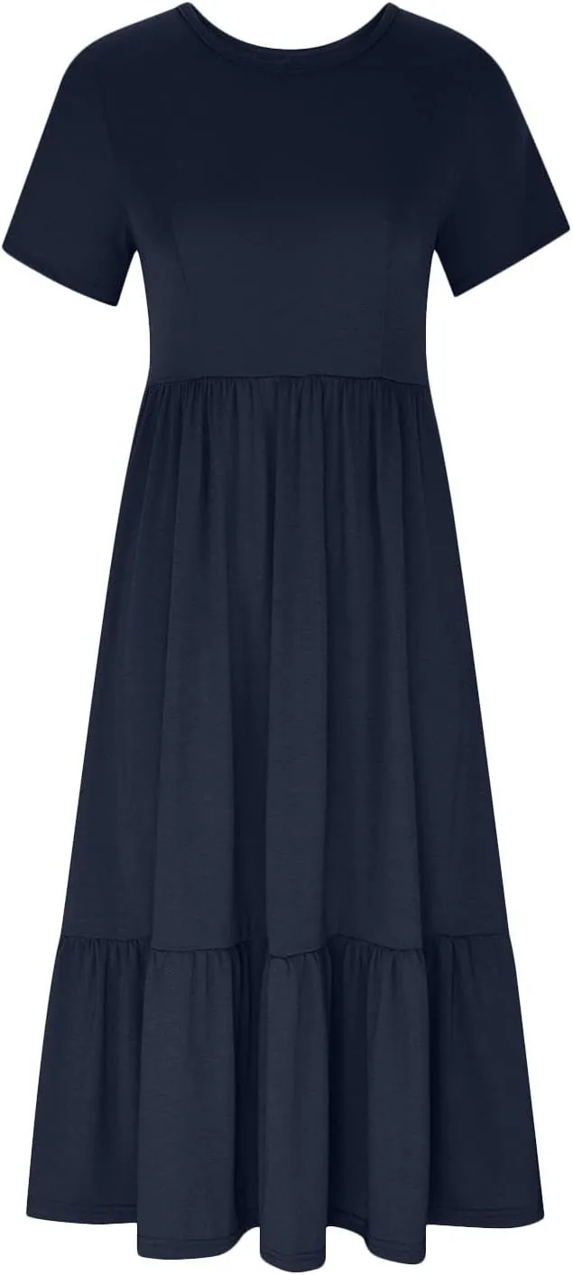 Ceboyel Women's Short Sleeve Ruffle Midi Dress Tiered Trendy Casual Dresses Swing Plain T Shirt Dress Spring Outfits 2023