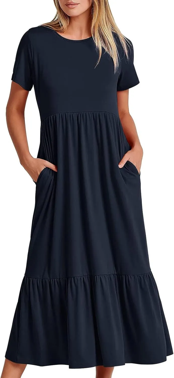 Ceboyel Women's Short Sleeve Ruffle Midi Dress Tiered Trendy Casual Dresses Swing Plain T Shirt Dress Spring Outfits 2023