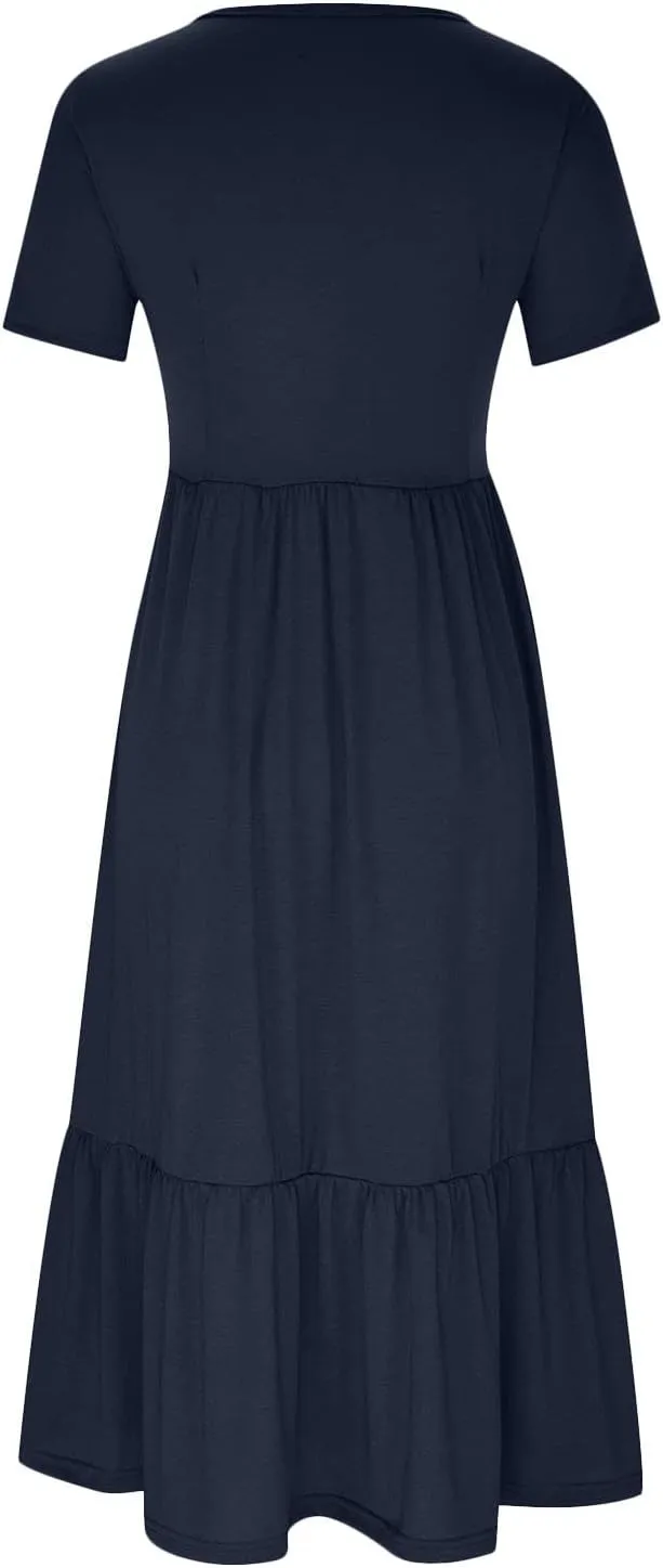 Ceboyel Women's Short Sleeve Ruffle Midi Dress Tiered Trendy Casual Dresses Swing Plain T Shirt Dress Spring Outfits 2023