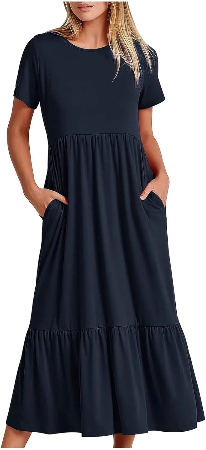 Ceboyel Women's Short Sleeve Ruffle Midi Dress Tiered Trendy Casual Dresses Swing Plain T Shirt Dress Spring Outfits 2023