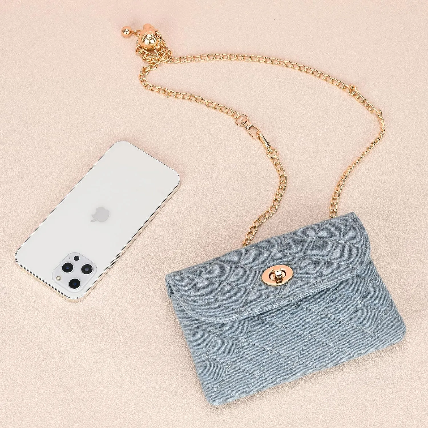 Chain belt bag for women, Fasion denim waist purse,Designer Checkered crossbody purse，small cell phone bag
