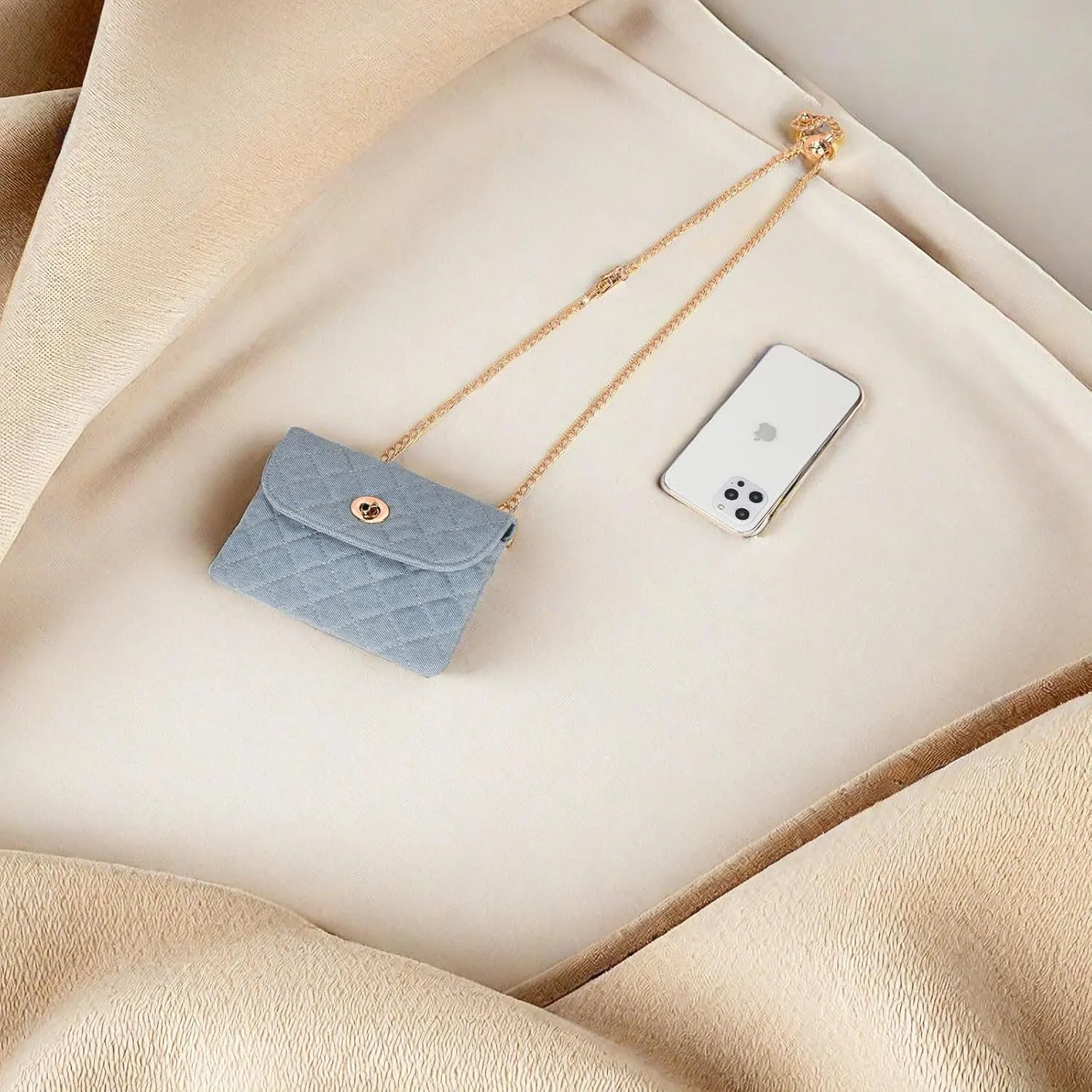 Chain belt bag for women, Fasion denim waist purse,Designer Checkered crossbody purse，small cell phone bag