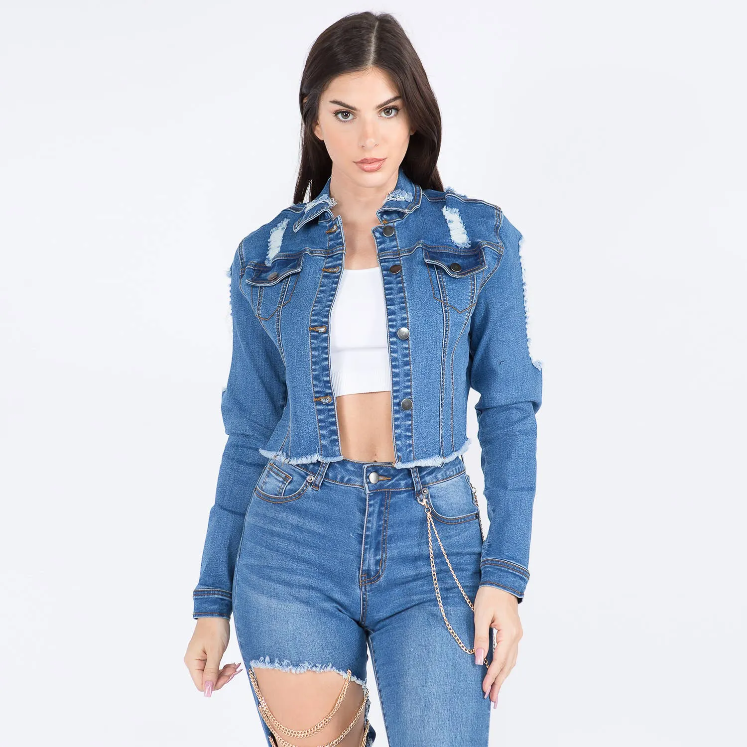 Chain Link Distressed Cropped  Jacket