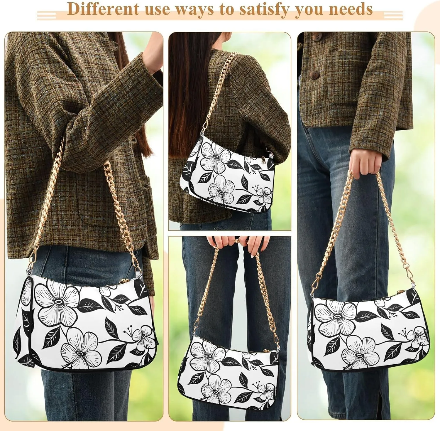 Chain Shoulder Purse Bag with Zipper Pocket for Women Mini Small Hobo Tote Clutch Handbags with Gold Chain Strap