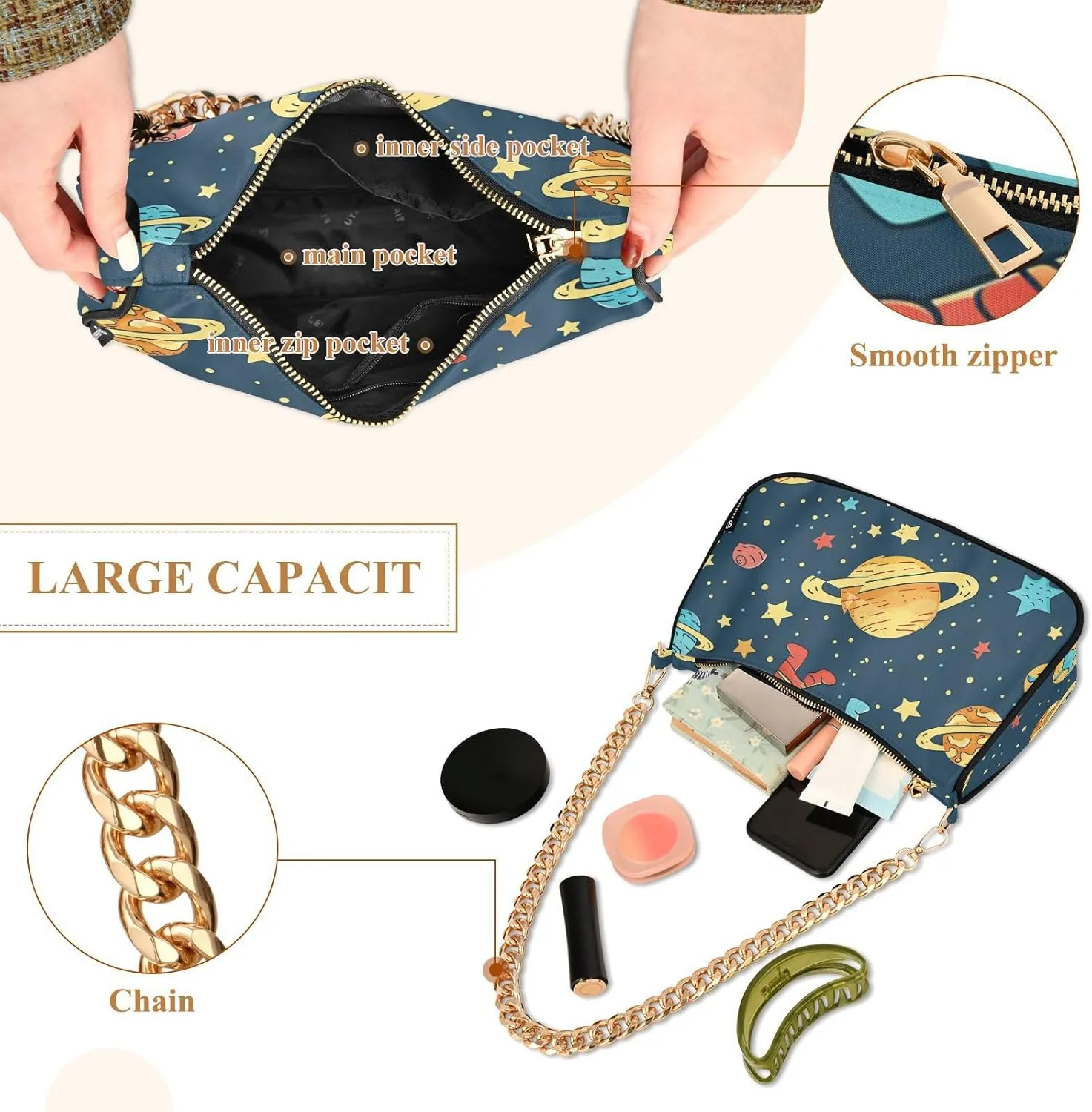 Chain Shoulder Purse Bag with Zipper Pocket for Women Mini Small Hobo Tote Clutch Handbags with Gold Chain Strap