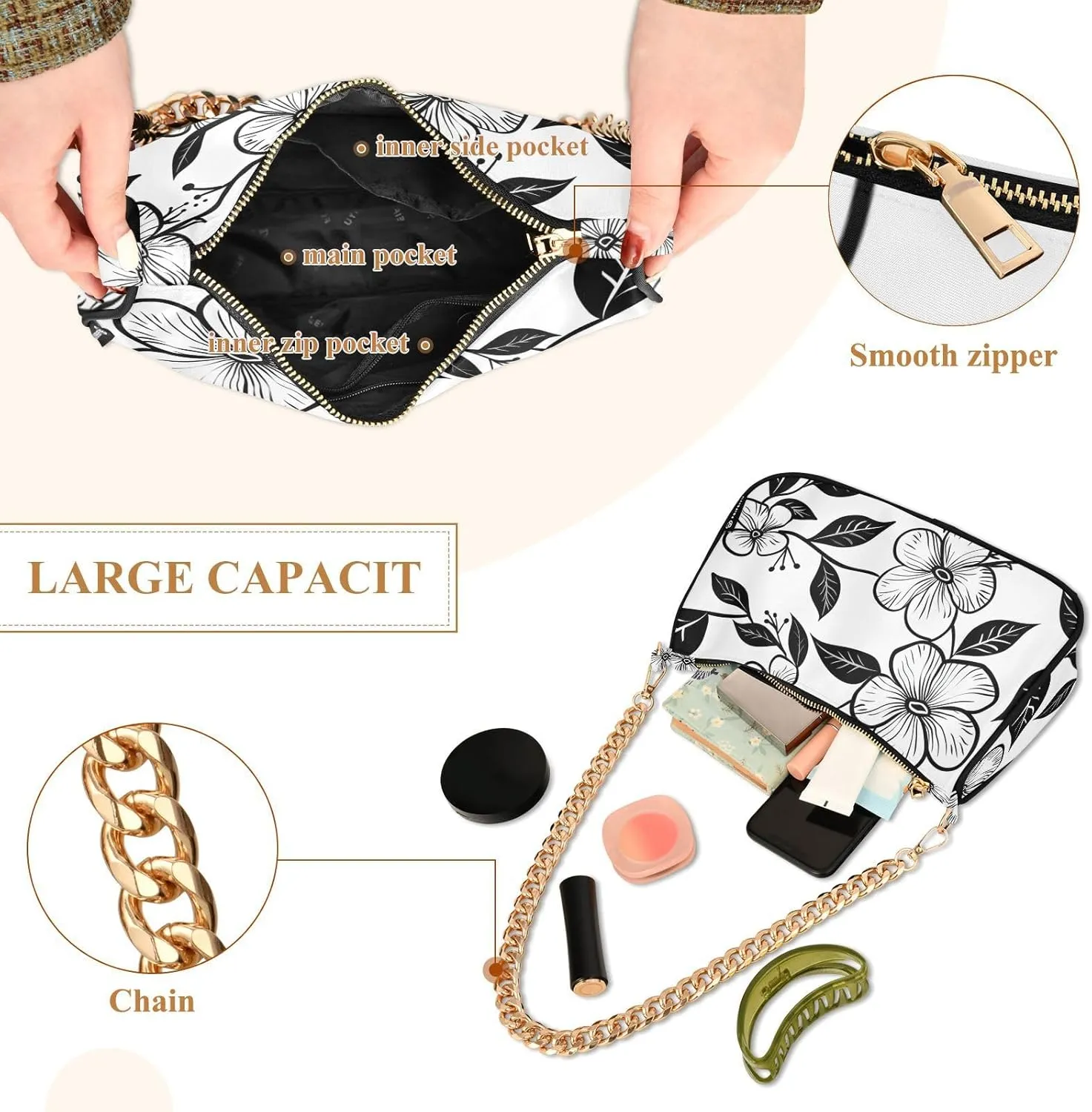 Chain Shoulder Purse Bag with Zipper Pocket for Women Mini Small Hobo Tote Clutch Handbags with Gold Chain Strap